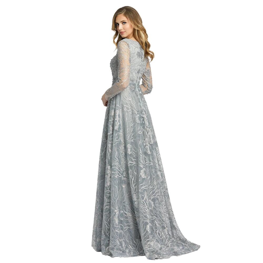 Mac Duggal Jewel Encrusted Long Sleeve Square Neck Gown Dove Grey Size 8 NWT - Picture 2 of 12